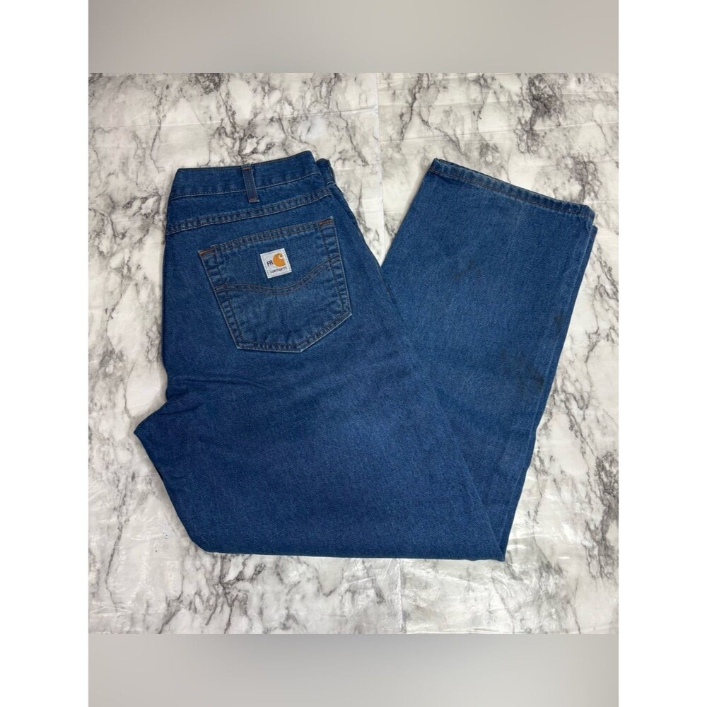 Carhartt Men's 32 x 30 fire resistant Relaxed Fit Dark Blue Denim Jeans stained